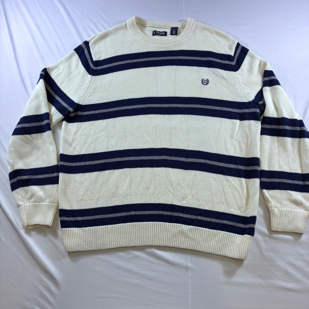 Chaps Mens XXL Crewneck Sweater Cream Navy Blue Striped Y2K Cotton Knit Logo